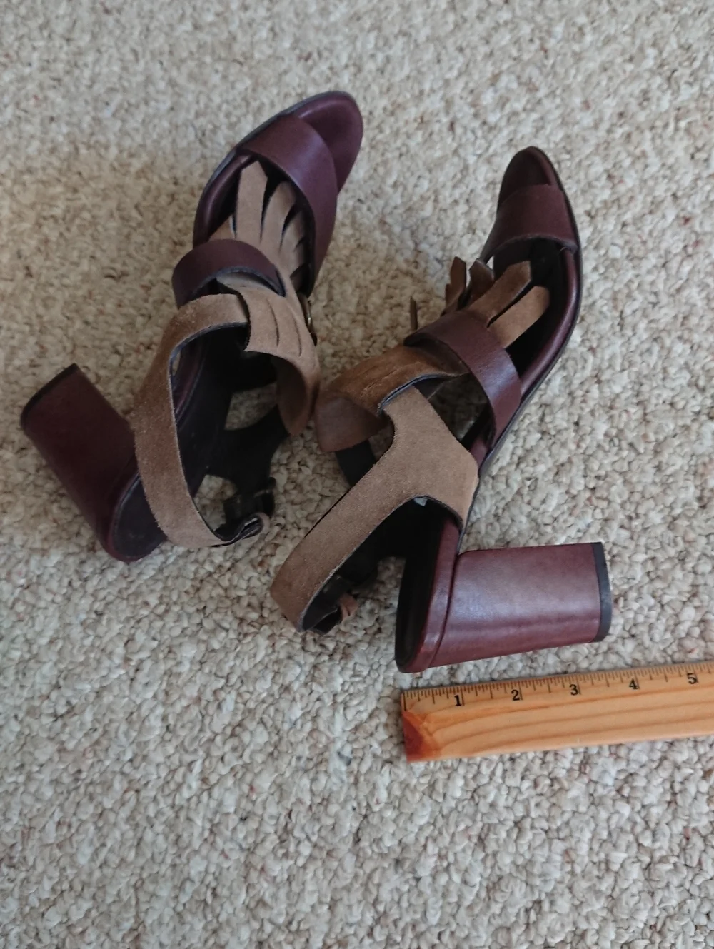 MINELLI Brown Leather with Suede fringe strap Block Heel Sandals size 8